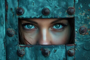 Wall Mural - Woman peeking through a rusty lock, seeking a way out with intense focus.