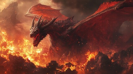 Dragon with crimson scales and sharp horns roaring in a fiery landscape