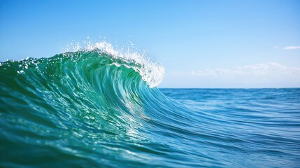 Fototapete - A wave in the ocean with a blue sky in the background. The water is calm and the sky is clear