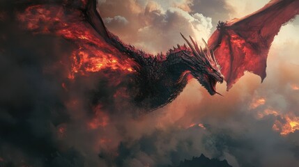 Sticker - Dragon with red and black scales flying through a sky filled with smoke