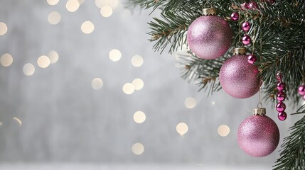 Wall Mural - A Christmas tree with three pink ornaments hanging from it. The tree is surrounded by a blurry background, giving the impression of a dreamy, festive atmosphere