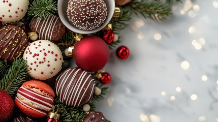 Wall Mural - A bunch of chocolate covered pastries and a red ball are arranged in a festive manner. Concept of celebration and indulgence, as the pastries