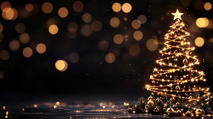 Wall Mural - A Christmas tree with lights and a star on top. The tree is surrounded by a blurry background, giving the image a dreamy and festive atmosphere