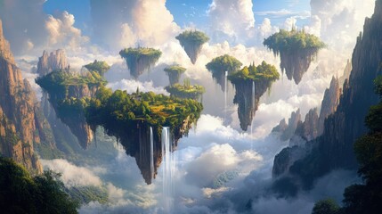 Canvas Print - Dreamy valley filled with floating islands and waterfalls cascading into the void