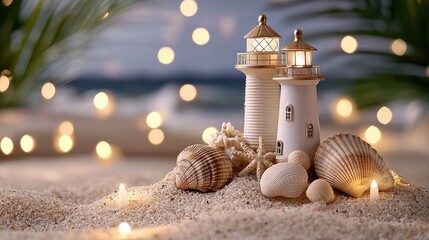 Aufkleber - A small lighthouse sits on a sandy beach next to some shells. The scene is lit up with lights, creating a warm and inviting atmosphere