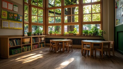 Wall Mural - A classroom with a lot of windows and a large collection of books. The room is filled with wooden furniture, including several chairs and a dining table