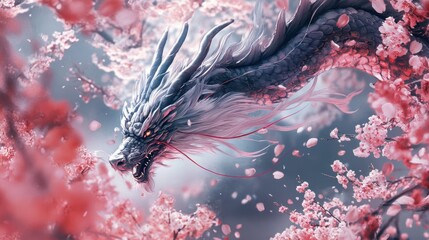 Poster - Elegant dragon with long flowing whiskers flying through cherry blossom trees