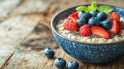 A bowl of creamy oatmeal topped with fresh strawberries, blueberries, and chia seeds, placed on a rustic wooden table with a soft morning sunlight background