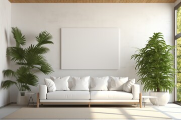 Canvas Print - A minimal living room interior featuring a blank white canvas wall mockup with green plants and a cozy white sofa adorned with cushions