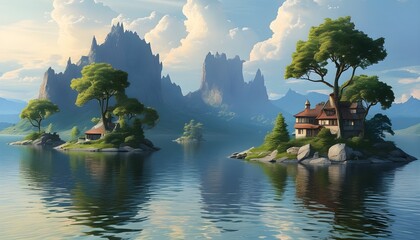 Wall Mural - Enchanting Island Paradise on Tranquil Lake Awaiting Discovery