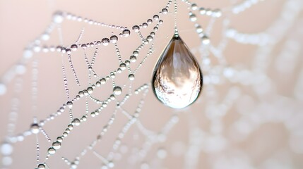 Glistening Water Droplet on Delicate Spider Web in Morning Dew