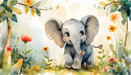 Wall Mural - Joyful baby elephant amidst colorful blossoms, perfect for cheerful home decor and childrens rooms, crafted in vibrant watercolor style