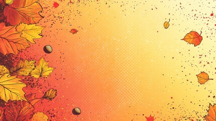 Comic-style autumn background with swirling leaves and dotted pattern, evoking the warm and vibrant colors of fall