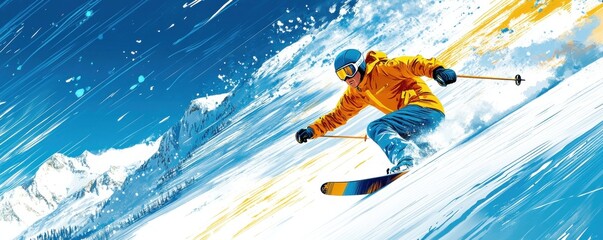 Dynamic comic-style illustration of a skier racing down a snowy slope on a bright winter day