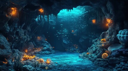 Mysterious underwater cave with glowing marine life and treasure