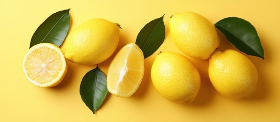 Poster - Lemons and Green Leaves on Yellow Background