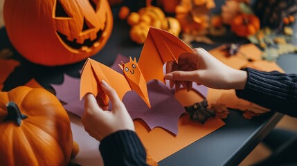 A close-up of hands working on a Halloween craft project, such as making paper bats, ghosts, or pumpkin decorations