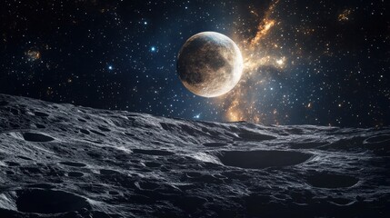 Wall Mural - Stunning lunar landscape with craters and a bright starry backdrop