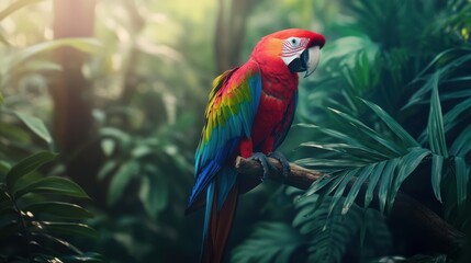 Vibrant parrot perched on a branch in a tropical rainforest