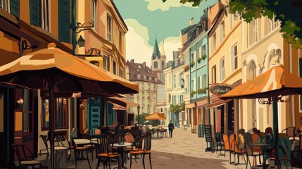 Poster - Vintage poster featuring a cozy cafe scene in a historic European city