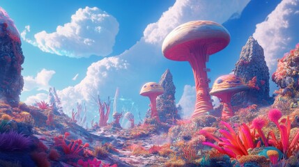 Whimsical alien world with colorful landscapes and strange creatures