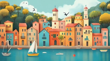 Canvas Print - Whimsical poster of a charming seaside town with colorful buildings