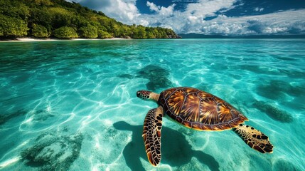 Wall Mural - Whimsical scene of a turtle swimming in a clear blue sea