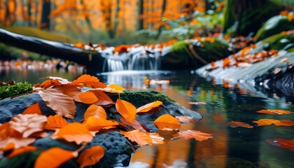 Wall Mural - serene autumn scene with orange leaves cascading into a tranquil forest creek