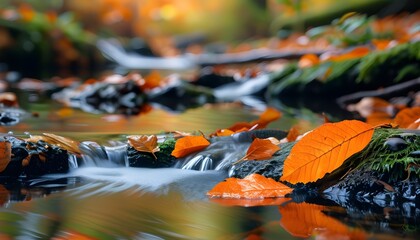 Wall Mural - serene autumn scene with orange leaves cascading into a tranquil forest creek