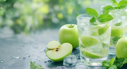 Wall Mural - Refreshing mint and green apple drink with ice and garnished mint leaves on a light background