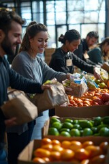 A group of diverse volunteers organizing food donations at a local food bank,