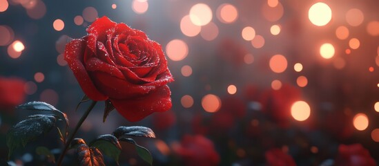 Poster - Single Red Rose with Bokeh Lights