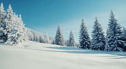 Snow-covered landscape with evergreen trees under a bright blue sky on a clear winter day