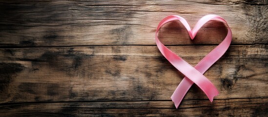 Pink ribbon in shape of heart on wooden background. Breast cancer awareness, Pinktober wide banner, copy space