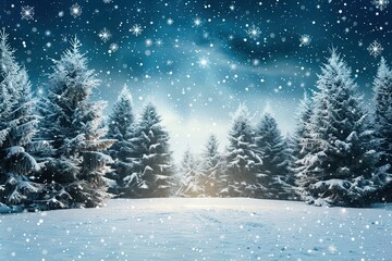 A serene winter landscape with snow-covered trees under a starry night sky, creating a magical and peaceful atmosphere.