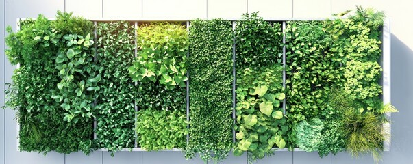 Architectural plan for a vertical living green wall, featuring integrated irrigation and air purifying plants