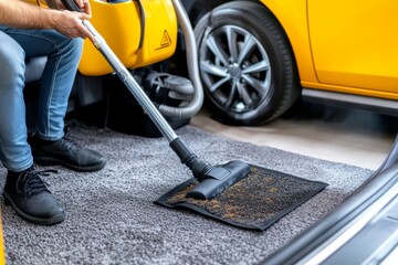 A person cleaning the inside of a car with a vacuum, removing dirt from the seats and floor mats to restore the interior