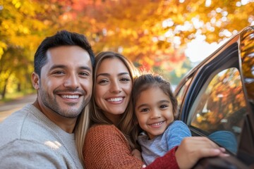 Happy family taking a break from driving, posing for a selfie in front of their car