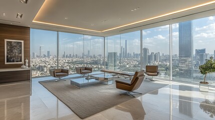 Poster - Luxurious minimalist office space in Israeli high-tech hub features natural light and stunning city views, promoting creativity and collaboration within contemporary design