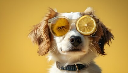 Playful summer portrait of a dog donning stylish sunglasses alongside vibrant lemon slices