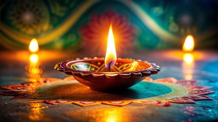 A beautifully lit oil lamp glowing in the dark, surrounded by vibrant colors and decorative elements, symbolizing peace and spirituality.