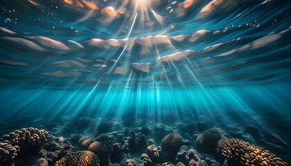 Ethereal underwater scene illuminated by shimmering light rays, showcasing the beauty of coral reefs and gentle waves rippling across the ocean surface