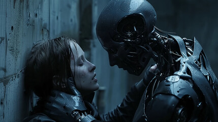 A robot kissing a lady cinematic shot