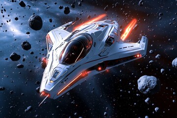 Wall Mural - a 3d-animated spaceship flying through an asteroid field, dodging rocks and debris in a fully render
