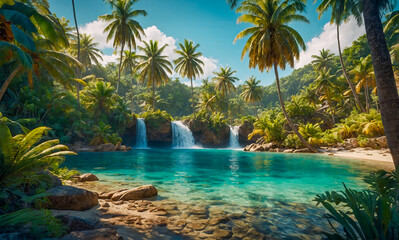 AI-generated image, breathtaking landscape tropical waterfall, A serene beach with golden sands, azure waters, lush palm trees, vibrant, adventure, relaxation, and cherished memories await tourists