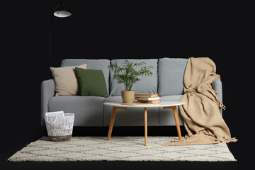 Poster - Grey sofa with table and carpet on black background