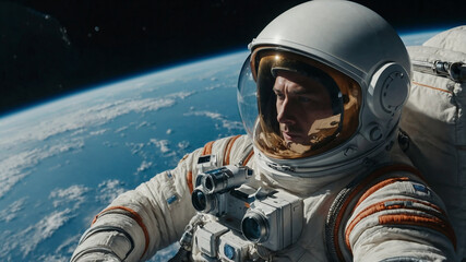 Astronaut in spacesuit and helmet with camera in outer space, with planet Earth in the background.