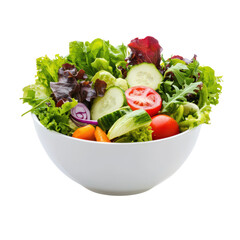 Fresh salad bowl with various greens and vegetables isolated on transparent background.