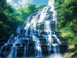 Wall Mural - A waterfall with a rainbow in the background. The waterfall is surrounded by trees and rocks. The scene is peaceful and serene, with the waterfalls cascading down the rocks