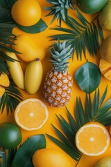 Canvas Print - Vibrant arrangement of tropical fruits and greenery on a bright orange background